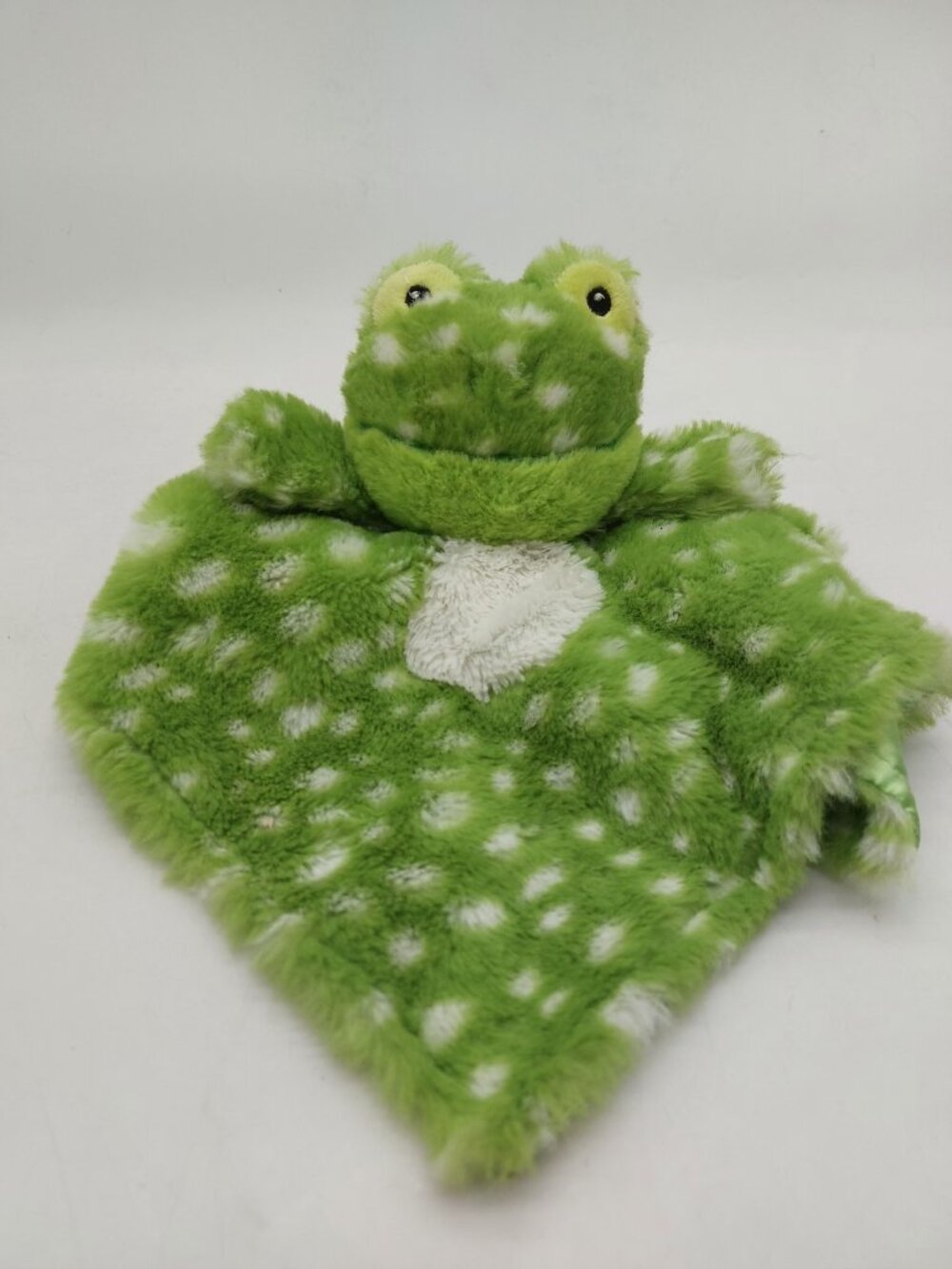 Mary Meyer Fizzy Frog Plush Security Blanket Lovey Spots Green Satin Back Read
